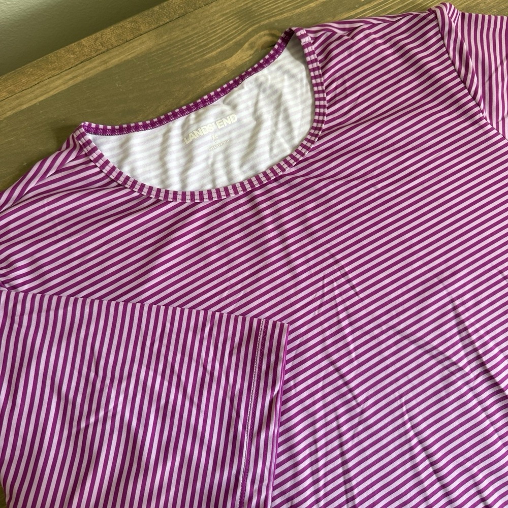 Lands End Womens XL Fuschia Purple Striped Short Sleeve Crewneck T-Shirt Top Tee